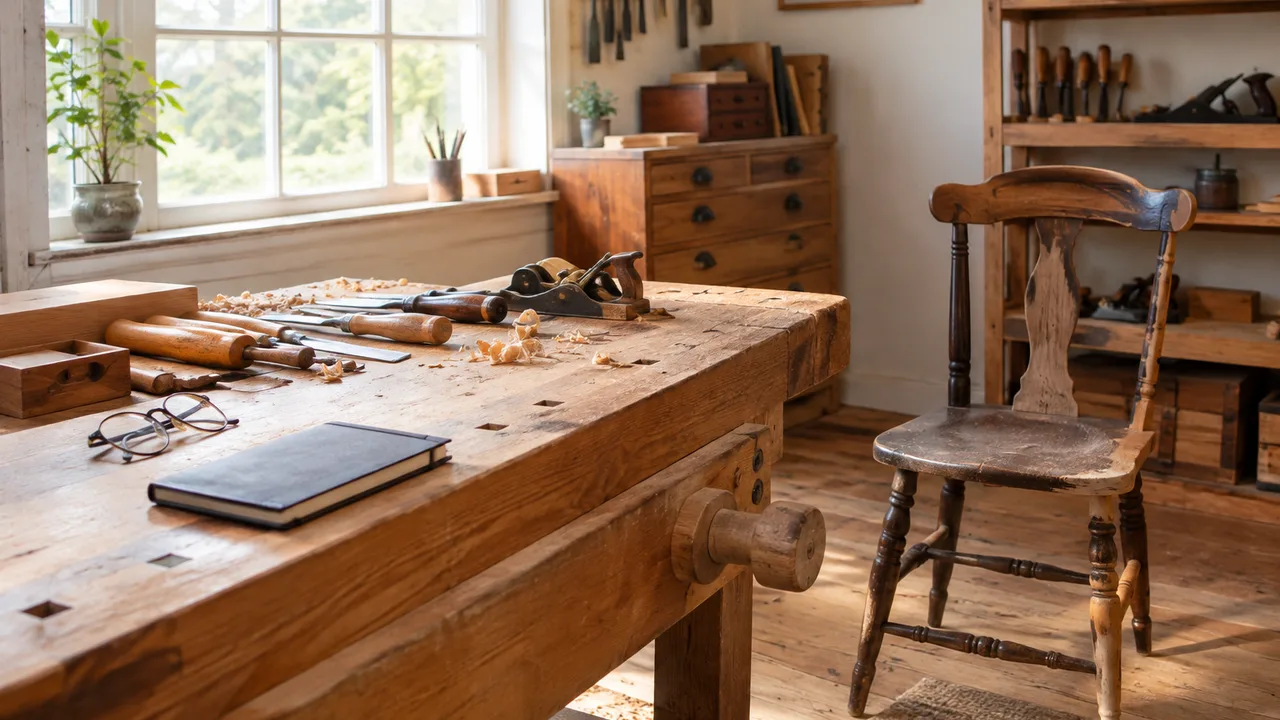 Établi de menuisier dans un atelier lumineux avec outils rangés, lunettes de lecture et carnet de commandes posés sur le bois, lumière naturelle du matin