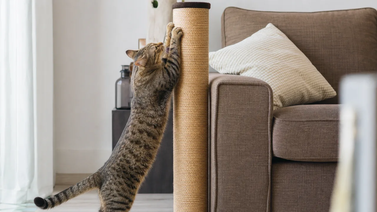 Chat tigré étiré de tout son long sur un grand griffoir en sisal placé à côté d'un canapé en tissu, salon lumineux, lumière naturelle douce
